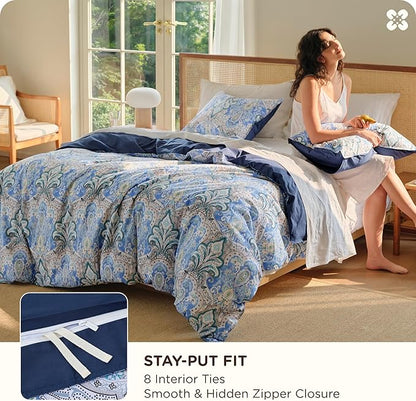 Bedsure Duvet Cover Queen Size - 100% Cotton Reversible Classic Paisley Damask Pattern Duvet Cover Set, 3 Pieces Soft & Breathable PureWoven Bedding Set with 2 Pillow Shams (Blue Paisley 104"x90")