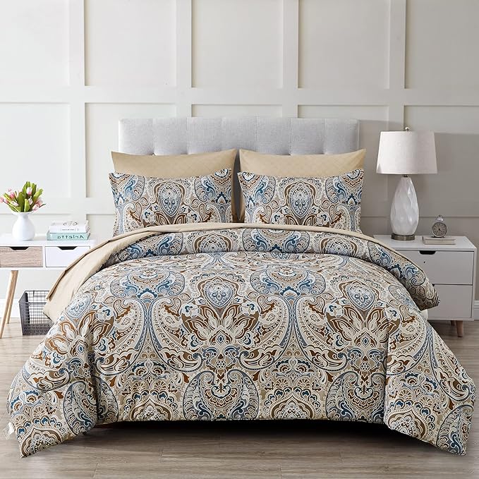 Drucon Brown Paisley Comforter Set Queen, 7 Pieces Bed in a Bag Comforter Boho Paisley Pattern Bedding Soft Microfiber Queen Size Comforter with Sheet & Pillowcase