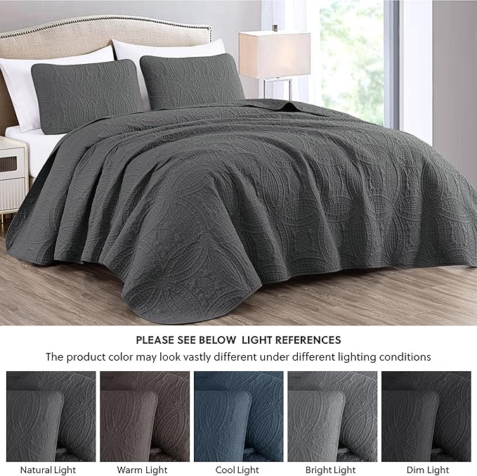 Chezmoi Collection Austin 3-piece Oversized Bedspread Coverlet Set (Queen, Charcoal) | Oversized, Lightweight, Fade Resistant
