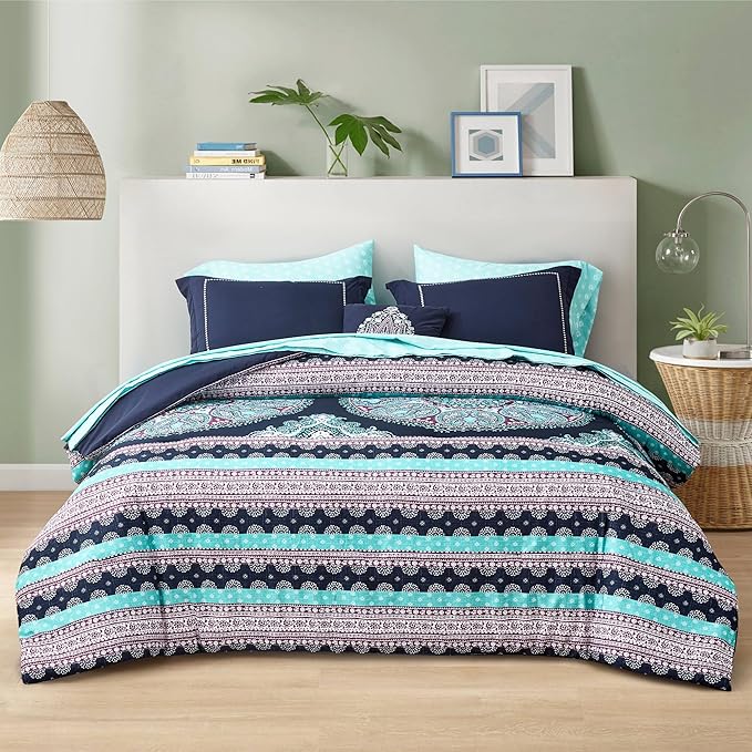 Degrees of Comfort Blue Twin XL Complete Comforter Sets, Boho Mandala Bed in A Bag,Microfiber Bedding Set with Side Pockets, Matching Decorative Pillow, 6 Piece Navy
