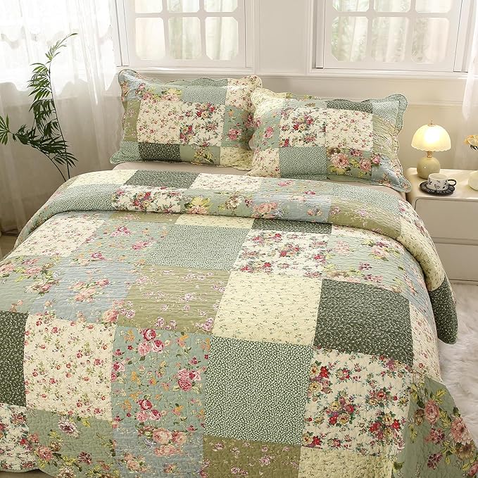 vctops Boho Patchwork Cotton Quilted Bedspread Quilt Set Twin Size 2 Pieces Soft Reversible Lightweight Coverlet Set Floral Print 1 Quilt and 1 Pillow Sham (Green D,Twin)
