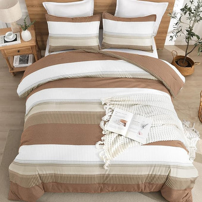 Litanika Queen Comforter Set Beige - 3 Pieces Lightweight Taupe Khaki White Colorblock Stripe Fluffy Bedding Comforter Sets, All Season Bed Set