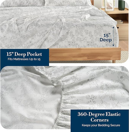 Casa Platino 100% Cotton Full Sheet Set – 6 Piece Full Sheet Set with Crisp Cool & Soft Feel, with 15 Inch Deep Pocket Fitted Sheet, Breathable & Cozy for a Good Nights Sleep – Ashpetal
