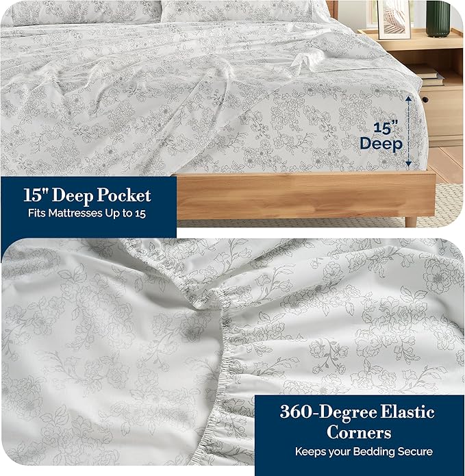 Casa Platino 100% Cotton Cal King Sheet Set – 6 Piece Cal King Sheet Set Cal King with Cool & Soft Feel, with 15 Inch Deep Pocket Fitted Sheet, Breathable & Cozy for a Good Nights Sleep – Ashpetal