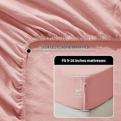 LBRO2M 100% Pure Linen Sheet Set Deep Pocket Up to 16" Bed Sheets Sets, Natural Flax Beddings Soft, Breathable, Comfortable for All Seasons 6 Pcs Sheet Set Full Size, Blush Pink