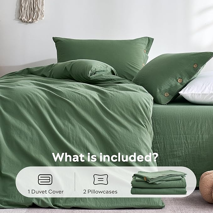 JELLYMONI 100% Washed Cotton Duvet Cover Queen – Soft, Breathable Linen-Look Bedding with Natural Wrinkle Texture, Button Closure, 3-Piece Set (Dusty Green, 90"x90")