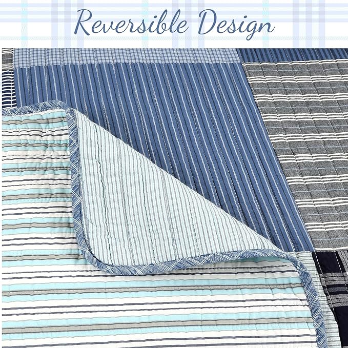 Cozy Line Home Fashions Plaid Patchwork Bedding Quilt Set, Navy Blue 100% Cotton Reversible Coverlet Bedspread for Kids Teen Boy (Craver, Twin - 2 Piece)