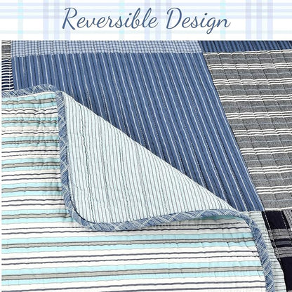 Cozy Line Home Fashions Plaid Patchwork Bedding Quilt Set, Navy Blue 100% Cotton Reversible Coverlet Bedspread for Kids Teen Boy (Craver, Queen - 3 Piece)