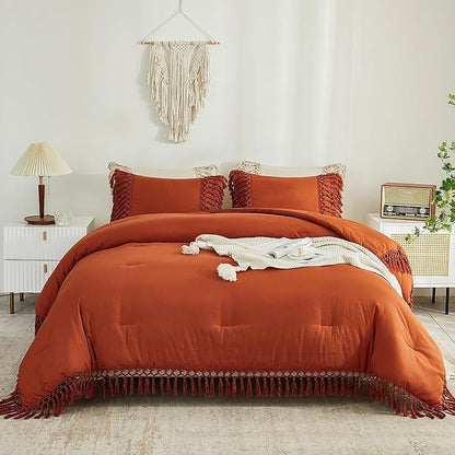 Andency Comforter King Size Set Burnt Orange, 3 Pieces Boho Terracotta Tassel Lightweight Fluffy Bedding Comforters & Sets, Soft All Season Rust Bed Set (104x90In Comforter & 2 Pillowcases)