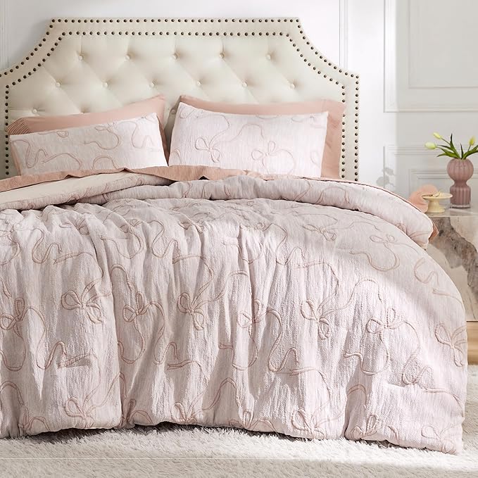 Bedsure Pink King Size Comforter Set, GentleSoft™ 3 Pieces Breathable Bow Comforter Set Women with 2 Pillow Shams, Cute King Bedding Set Pink Room Decor Aesthetic Bedroom Decor, 104x90 Inches