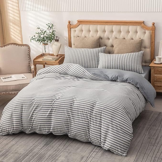 PURE ERA Jersey Knit 2pc Duvet Cover Set 100% T-Shirt Heather Cotton Super Soft Comfy Classic Striped Design, with Zipper Closure, Heather Blueish Grey Stripe, Twin