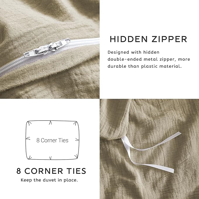 SE SOFTEXLY Muslin Duvet Cover California King Size, 100% Washed Cotton Duvet Cover Set, Soft Comforter Cover Linen Like, 3 Pieces Minimalist Gauze Duvet Cover with 2 Pillowcases, 98"x104", Oatmeal
