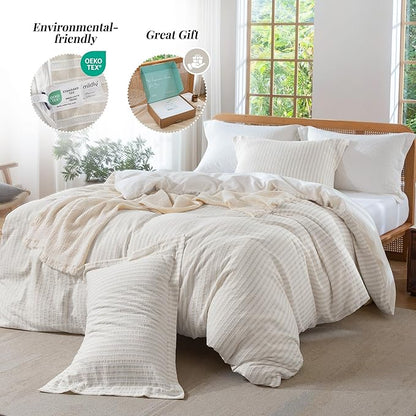 MILDLY Linen Grey Striped Duvet Cover - 100% Washed Cotton Jacquard Boho Textured Comforter Cover 3pcs with Corner Ties Zipper Closure 90"x90"