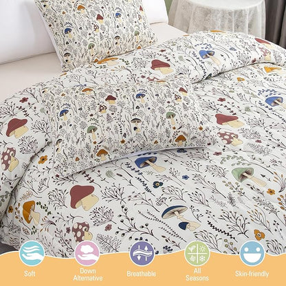 SOULZZZ Mushroom Comforter Set for Women: 3 Piece Colorful Mushroom Decor Twin Bedding with Plants and Flowers, Aesthetic Cute Room Decor Cream Comforter for Kids Adults Boys Girls
