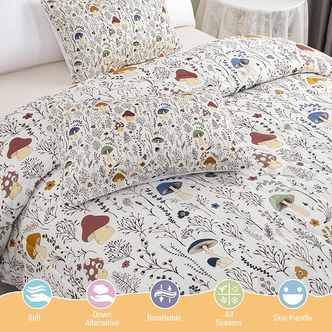 SOULZZZ Mushroom Comforter Set for Kids: 3 Piece Colorful Mushroom Decor King Bedding with Plants and Flowers- Aesthetic Cute Room Decor Cream Comforter for Adults Boys Girls