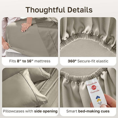California Design Den Queen Sheet Set - Soft 400 Thread Count Sateen, Natural 100% Cotton Sheets for Queen Size Bed, Deep Pockets for a Snug Fit, Durable Bedding - Taupe