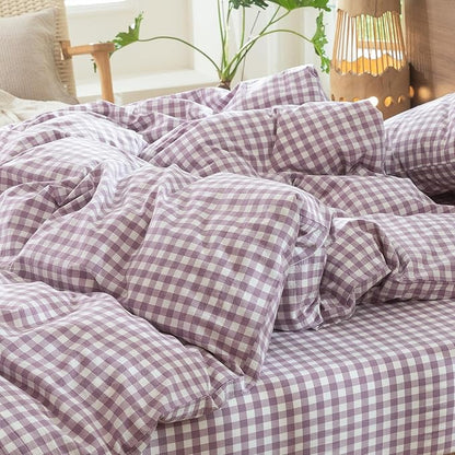 MooMee Gingham Duvet Cover Set 100% Washed Cotton Linen Like Textured Breathable Durable Soft Comfy Modern Checkered Design (Classic Gingham Light Purple, Twin 68"x90")