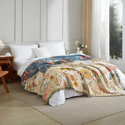 Boho Throw Blanket for Bed 90”x98”, 100% Cotton Woven Blanket for Couch Sofa, Ultra Soft 4-Layer Muslin Quilt with Floral Printed, Farmhouse Bed Blanket/Cover for Living Room Decor