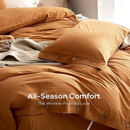 JELLYMONI 100% Washed Cotton Duvet Cover Full – Soft, Breathable Linen-Look Bedding with Natural Wrinkle Texture, Button Closure, 3-Piece Set (Amber Orange, 80"x90")