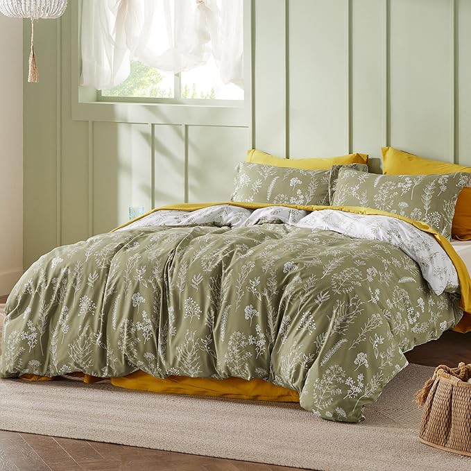 Bedsure California King Comforter Set - Olive Green Bed Set, 3 Pieces Cute Floral Bedding, 1 Soft Reversible Botanical Flowers Comforter and 2 Pillow Shams