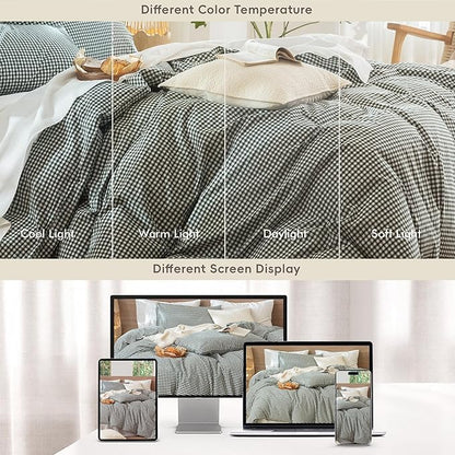 MooMee Gingham Duvet Cover Set 100% Washed Cotton Linen Like Textured Breathable Durable Soft Comfy Modern Checkered Design (Mini Gingham Forest Green, Full 80"x90")