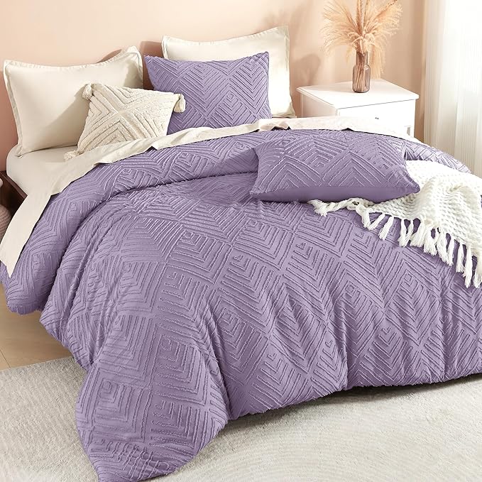 Litanika Grayish Purple Queen Comforter Set, 3 Pieces Tufted Boho Farmhouse Bedding Comforter Sets, Lightweight Fluffy Comforter Bed Set for All Season (90x90In Comforter and 2 Pillowcases)