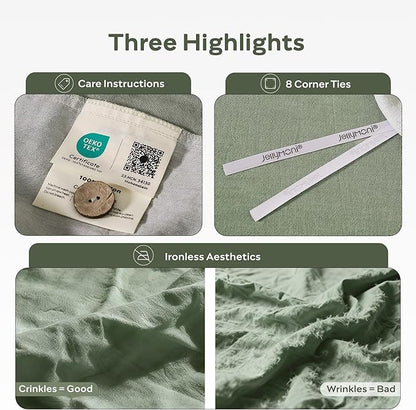 JELLYMONI Cotton Duvet Cover Twin Size - Sage Green Comforter Cover with Button 100% Washed Cotton 2PCS Breathable Soft Solid Bedding Set Duvet Cover 68×90in & 1 Pillowcases (NO Comforter)