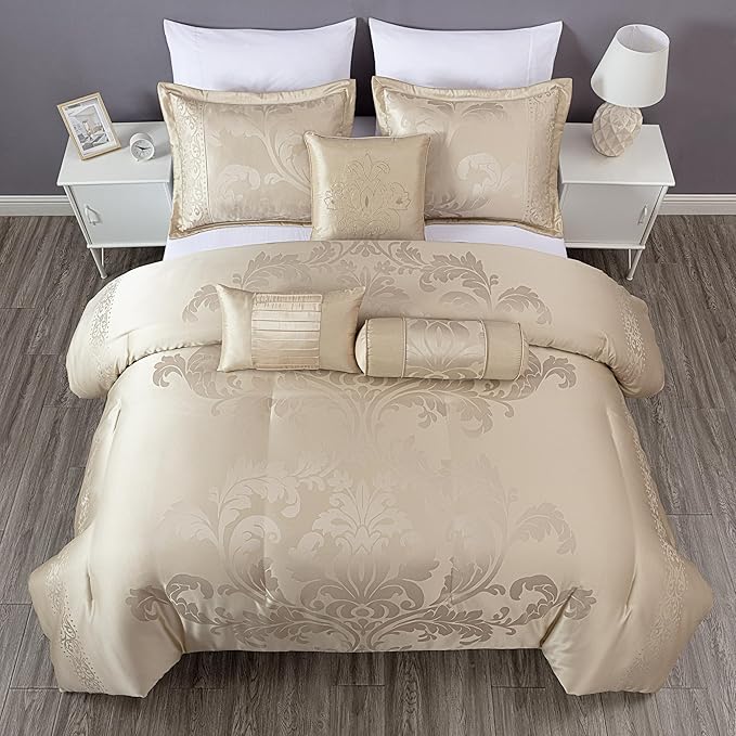 Chezmoi Collection Royale 7-Piece Jacquard Floral Comforter Set, California King, Champagne