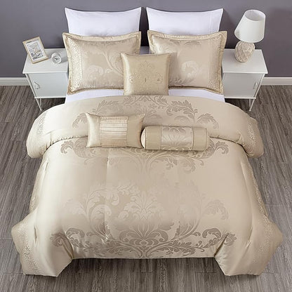 Chezmoi Collection Royale 7-Piece Jacquard Floral Comforter Set, California King, Champagne
