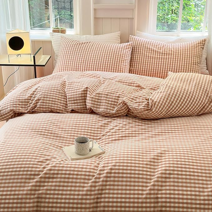 LifeTB Pink Gingham Duvet Cover Twin 3 Pieces Pink Plaid Duvet Cover 100% Washed Cotton Bedding Boho Coral Grid Comforter Cover Farmhouse Checkered Gingham Bedding Set with 2 Pillowcases