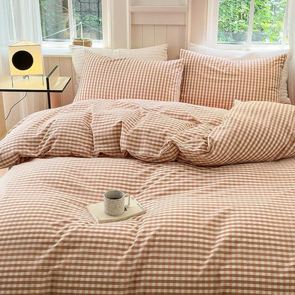 LifeTB Pink Plaid Gingham Duvet Cover King 3 Pieces Checkered Grid Duvet Cover 100% Washed Cotton Coral Pink Plaid Comforter Cover with Zipper Ties 2 Pillowcases Breathable Soft Gingham Bedding Set