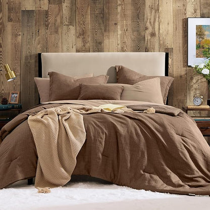 Geniospin King Size Comforter Set - 7 Pieces Brown Comforter King Size, Soft Solid Bedding Set for All Season, Textured Bed in a Bag with Sheets, Pillowcases & Shams