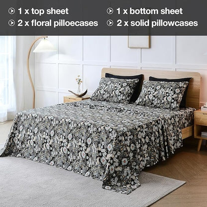 JSD Black Paisley Floral Printed Sheet Set King Size 6 Piece, Soft Pattern Microfiber Bed Sheets Extra Deep Pocket
