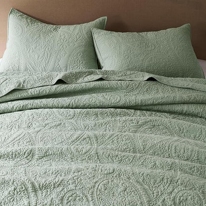 palassio Sage Green Paisley 100% Cotton Quilt Twin Size Bedding Sets with 1 Pillow Sham, Boho Floral Lightweight Farmhouse Country Vintage Soft Bedspread Shabby Chic Coverlet for All Season, 2 Pieces
