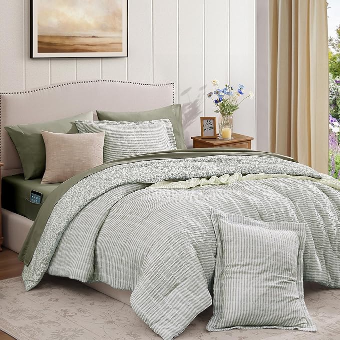 Queen Comforter Set - 7 Pieces Green Gauze Muslin Bedding Sets for All Seasons, Lightweight Breathable Bed in a Bag Queen with Revesible Farmhouse Comforter, Sheets, Pillowcases & Shams