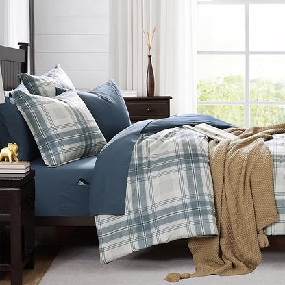 MaiRêve Plaid Full Comforter Sets, Blue Grey Grid Farmhouse Bedding Set Bed in A Bag, Classic Checkered Comforter Sets with Fitted & Flat Sheet, Pillowcases & Shams(Blue Grey, 80"x90")