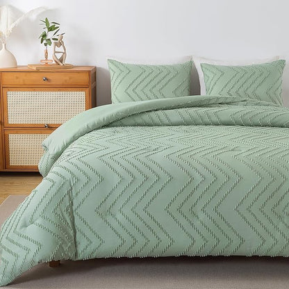 Andency Sage Green California King Comforter Set, Boho Soft Fluffy Warm Lightweight Bedding Comforter Sets, 3 Pieces Light Green Chevron Tufted Aesthetic Microfiber Lightweight Comforter Set