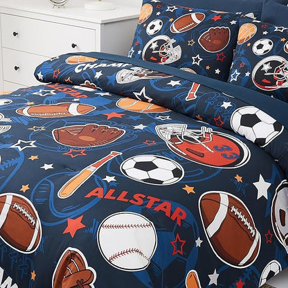 Full Kids Comforter Set - 7 Pieces Full Bedding Sets for Boys Teen, Glow in The Dark Sports Ball Games Bed in A Bag with Sheets