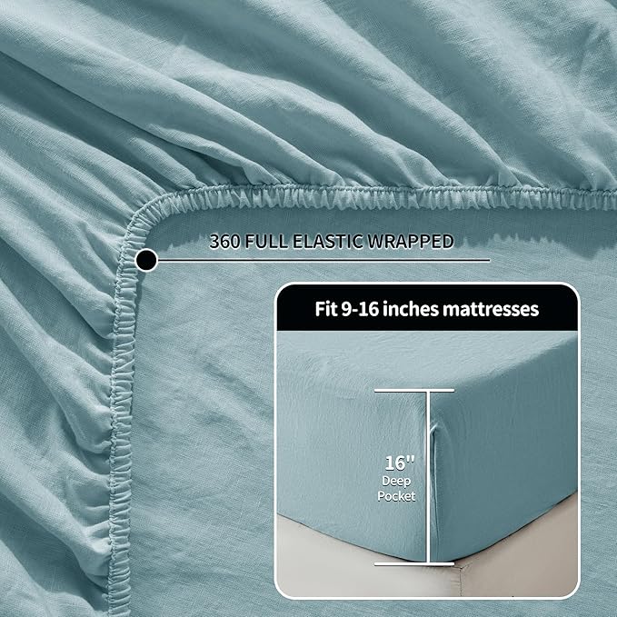 LBRO2M 100% Pure Linen Sheet Set Deep Pocket Up to 16" Bed Sheets Sets, Natural Flax Beddings Soft, Breathable, Comfortable for All Seasons 4 Pcs Sheet Set Queen Size, Ocean Blue