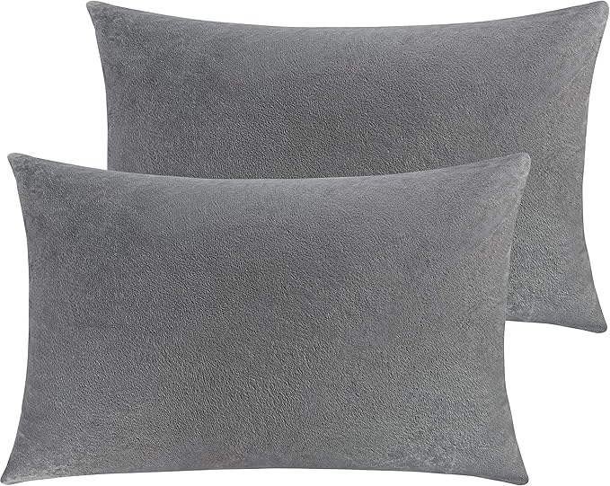 NTBAY 2 Pack Zippered Velvet Queen Pillowcases, Super Soft and Cozy Luxury Fuzzy Flannel Pillow Cases with Zipper, 20x30 Inches, Smoke Grey