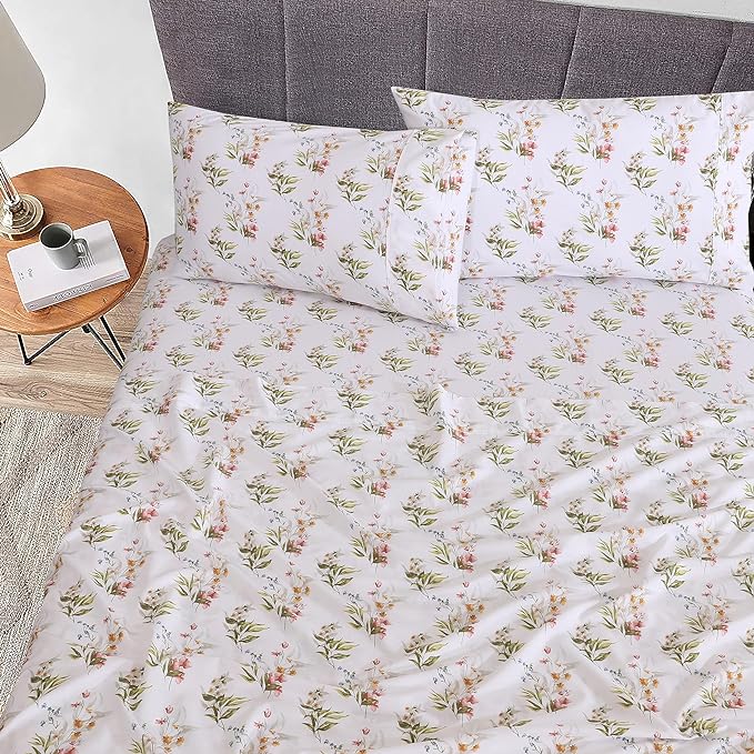 RUVANTI 100% Cotton Sheets – Twin Size Percale Bedding, Cooling & Breathable Floral Design, Durable with a Crisp, Soft & Comfortable Feel, 16" Deep Pocket, 3-Piece Set, Floral Bliss