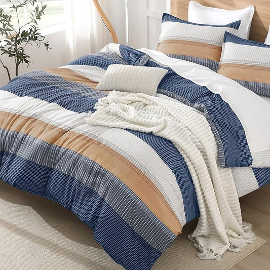 Litanika Comforter Set - Lightweight Quilt Bedding Comforter Sets, Colorblock Stripe Fluffy Bed Set, All Season Down Alternative, Full Orange Blue