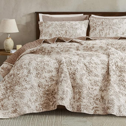 Wonderful Spring Fresh Quilt, Taupe Floral Bedspread King Size, 3 Piece Cotton Vintage Farmhouse Bedding Set, Machine Washable Lightweight Soft Bed Cover for All Season | breathable material, Hypoallergenic soft
