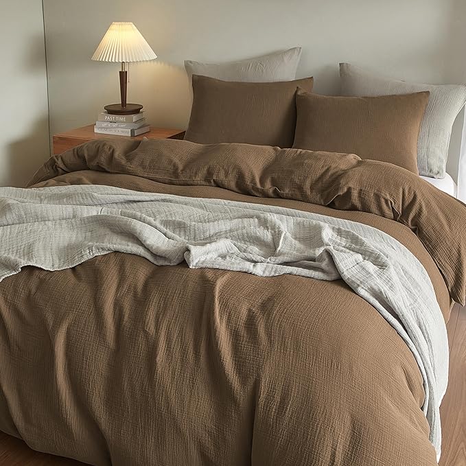 SE SOFTEXLY Muslin Duvet Cover Queen Size, 100% Washed Cotton Duvet Cover Set, Ultra Soft Comforter Cover Linen Like, 3 Pieces Minimalist Gauze Duvet Cover with 2 Pillowcases, 90"x90", Dark Brown