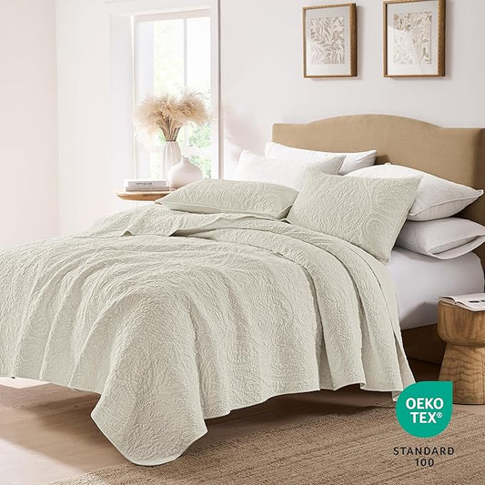 PALASSIO Beige Paisley 100% Cotton Quilt California Cal King Size Bedding Sets with 2 Pillow Shams, Oversized Boho Floral Farmhouse Vintage Soft Bedspread Shabby Chic Coverlet for All Season, 3 Pieces