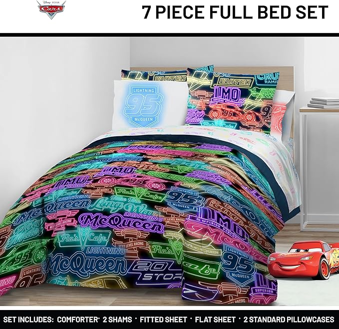 Jay Franco Kids Comforter Set Includes Sheets and Pillow Covers - Soft and Cozy Bed Set for Stylish Room Decor, Black - Cars, 7 Piece Full Bedding