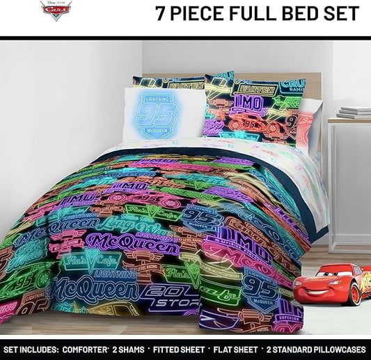 Jay Franco Kids Comforter Set Includes Sheets and Pillow Covers - Soft and Cozy Bed Set for Stylish Room Decor, Black - Cars, 7 Piece Full Bedding
