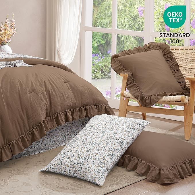 Full Comforter Set - 7 Pieces Ruffle Amber Brown Bedding Sets, Shabby Chic Farmhouse Bed in a Bag with Ruffle Comforter, Floral Sheets, Pillowcases & Shams
