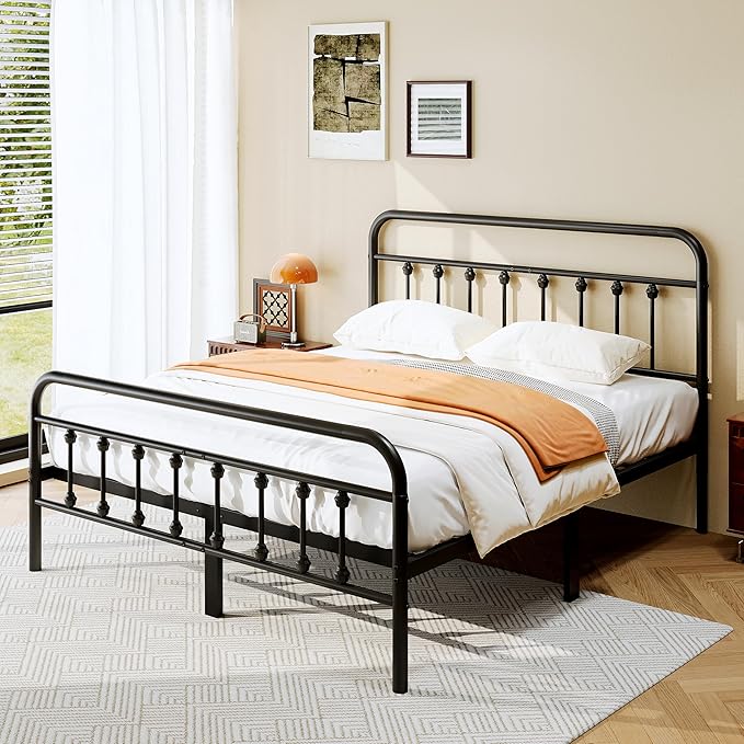 zunatu Queen Size Metal Bed Frame with Victorian Style Headboard and Footboard, Steel Slat Support Platform Bed, No Box Spring Needed, Under Bed Storage, Easy Assembly, Black