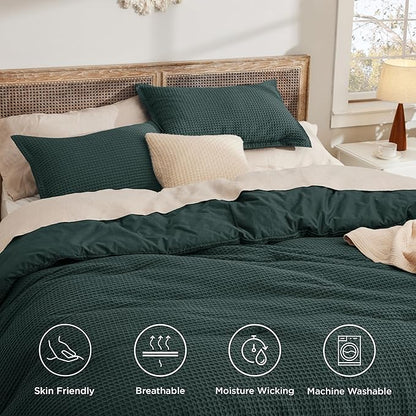 Bedsure Waffle Comforter Set King, Forest Green Soft Bedding, Waffle Weave Bed Set, 3 Pieces, 1 Comforter (104"x90") and 2 Pillow Shams, Cotton Shell and Polyester Lining for All Seasons